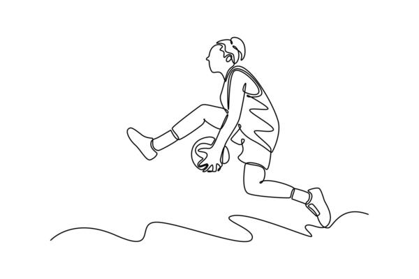Single continuous line drawing female basketball player makes acrobatic slam dunk at national sport arena. Competitive game play on streetball court. One line draw graphic design illustration