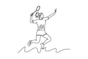 Continuous one line drawing woman badminton player jumping and smash the shuttlecock with racket on indoor stadium. Healthy activity and recreation. Single line draw design graphic illustration vector