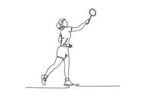 Single continuous line drawing female badminton player get ready to receive shuttlecock from opponent. Athlete playing defense with backhand technique. One line draw graphic design illustration vector