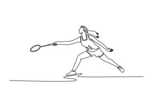 Single one line drawing woman badminton player get ready to receive shuttlecock from opponent. Athlete are playing badminton defense technique. Continuous line draw design graphic illustration vector