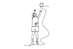 Single continuous line drawing back view beautiful female professional basketball player scoring shooting free throw. Playing at national court arena. One line draw graphic design illustration vector