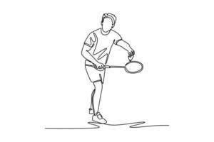 Continuous one line drawing strong badminton player in sportswear stands holding racket and shuttlecock ready to serve. Sport activity and leisure. Single line draw design graphic illustration vector