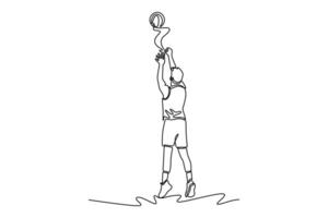 Single one line drawing back view basketball player wearing sports clothes, training scoring shooting free throw. Play with ball at court arena. Continuous line draw design graphic illustration vector