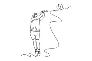 Single one line drawing professional basketball player in sport uniform doing jump shooting for scoring point while training on national court arena. Continuous line design graphic illustration vector