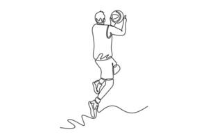 Continuous one line drawing professional basketball player in sport clothes jumping and making lay up for scoring point on game play at court arena. Single line draw design graphic illustration vector
