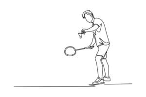 Continuous one line drawing male badminton player in sport clothes stands holding racket and shuttlecock ready to serve. Healthy activity and hobby. Single line draw design graphic illustration vector