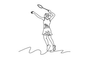Single continuous line drawing badminton player in hitting position with racket. Wearing sport uniform in indoor stadium competing as female athlete. One line draw graphic design illustration vector