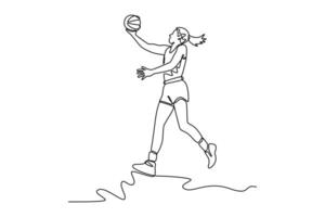 Single continuous line drawing woman basketball player in sport clothes jumping and making lay up for scoring point while training on playground court. One line draw graphic design illustration vector