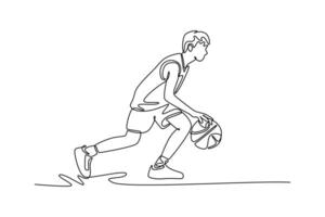 Single one line drawing professional basketball player dribbling ball, exhibiting agility and control on the court. Competitive sport game play. Continuous line draw design graphic illustration vector