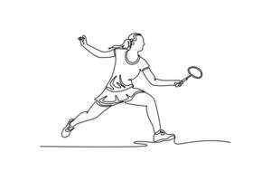Single continuous line drawing pretty female badminton player get ready to receive shuttlecock from opponent. Athlete playing defense in indoor court. One line draw graphic design illustration vector