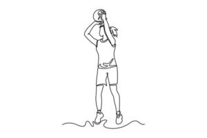 Single continuous line drawing pretty female basketball player doing jump shot for scoring point on big professional court arena during the game play. One line draw graphic design illustration vector