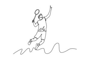Single one line drawing professional badminton player strikes shuttlecock to get point in club competition. Player focused on precise technique. Continuous line draw design graphic illustration vector