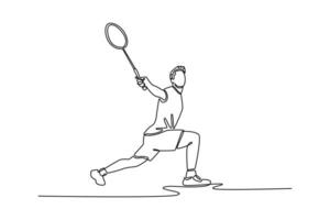 Continuous one line drawing professional badminton player get ready to receive shuttlecock from opponent. Athlete playing defense in indoor court. Single line draw design graphic illustration vector