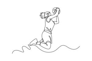 Single continuous line drawing pretty female basketball player makes slam dunk on professional arena in the game play. Players wearing sport uniform. One line draw graphic design illustration vector