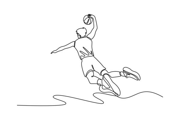 Continuous one line drawing back view of professional basketball player in sport clothes jumping and making dunk while training on playground court. Single line draw design graphic illustration