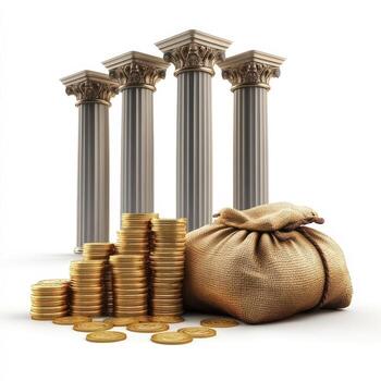 Three Classical Columns and Stacks of Gold Coins photo