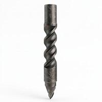 A weathered metal drill bit stands against a white background photo