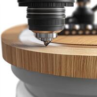 Precision Camera Lens Engraving Wooden Surface photo
