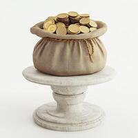 A burlap sack filled with gold coins sits on a pedestal photo