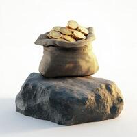 Gold coins in a burlap sack on a rock photo