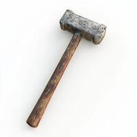 A weathered sledgehammer with a wooden handle rests on a white background photo