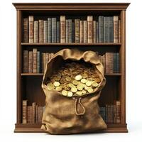 A burlap sack filled with gold coins sits before a wooden bookcase photo