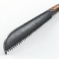 A serrated blade with a wood handle rests on a white background photo