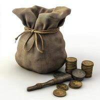 A burlap sack overflowing with ancient gold coins and a wooden tool photo