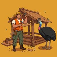 Man Building a Small Wooden Structure with a Large Bird vector