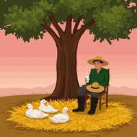Farmer Relaxing Under Tree with Ducks in a Peaceful Scene vector