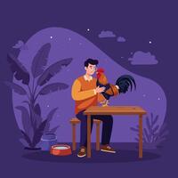 Man Holding Rooster on Table at Night Illustration vector