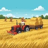 Operating Tractor in Hay Field with Kangaroos vector