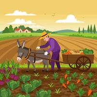 Farmer Working Field with Donkey Cart Harvesting Crops vector