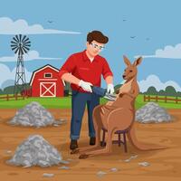 Man Shearing a Kangaroo on a Farm with a Machine vector