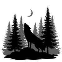 Wolf Howling Silhouette in Forest with Moon Background vector