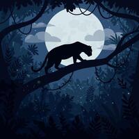 Panther Walking on Branch in Night Jungle Scene vector