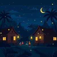 Village Night Gathering Under the Moonlight with Lanterns vector