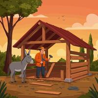 Man Building Wooden Structure with Donkey at Sunset vector