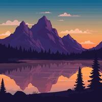 Mountain Lake Reflection at Dusk in Minimalist Style vector