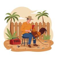Man Trimming Rooster's Comb in Yard with Palm Trees vector