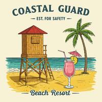 Relaxing Beach Scene with Lifeguard Tower and Drink vector