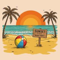 Beach Party at Sunset with Palm Trees and Colorful Ball vector