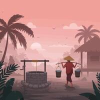 Fetching Water From Well in a Tropical Rural Setting vector