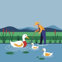 Farmer Tending Pond with Ducks in a Serene Landscape vector