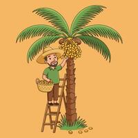 Harvesting Dates Man on Ladder Under Palm Tree vector
