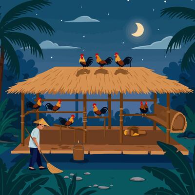 Chicken Coop at Night with Farmer Sweeping Yard
