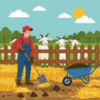 Farmer Working with Goats in Farmland Setting vector