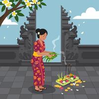 Woman Making Offering in Front of Stone Structure vector