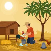 Man Bathing Rooster Outdoors on Farm During Daytime vector
