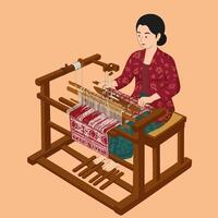 Woman Working at Loom Creating Patterned Textile Art vector